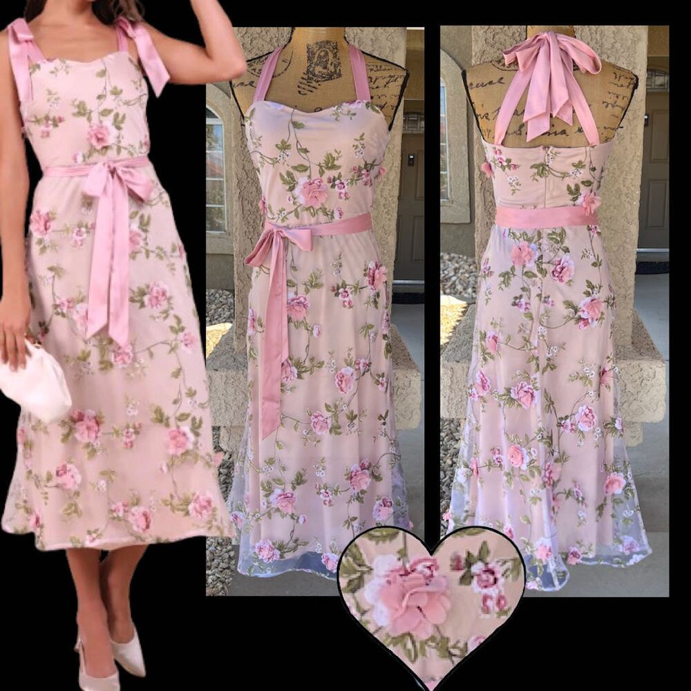 Lulus Pink Floral Applique Tie-Strap Midi Authentic Sweetness Dress Size S